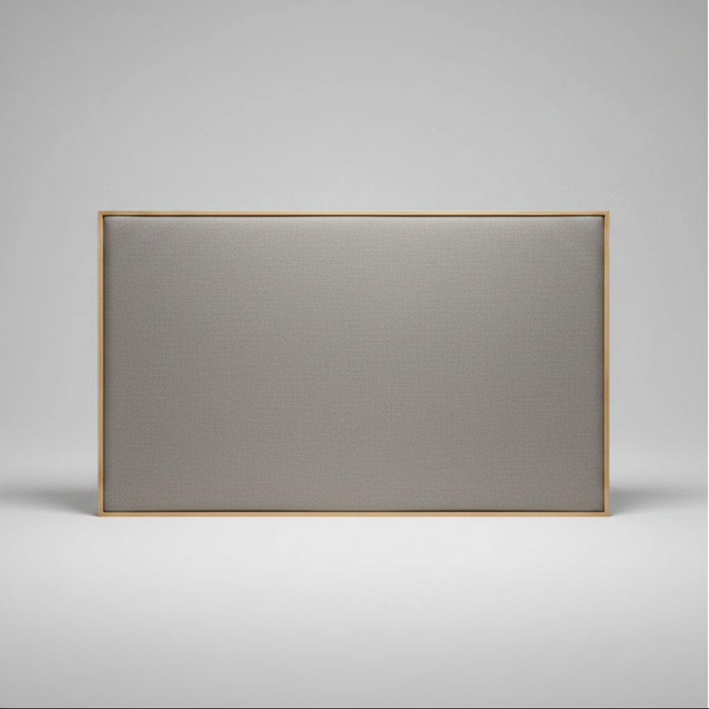 Gray upholstered headboard with a wooden oak frame