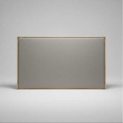Gray upholstered headboard with a wooden oak frame