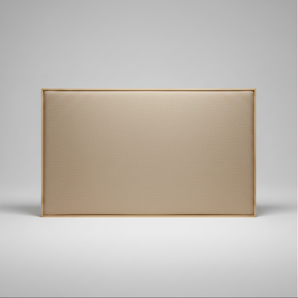 Cream Upholstered headboard with oak wooden frame on a grey background