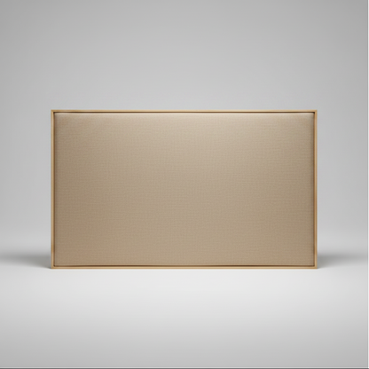 Cream Upholstered headboard with oak wooden frame on a grey background