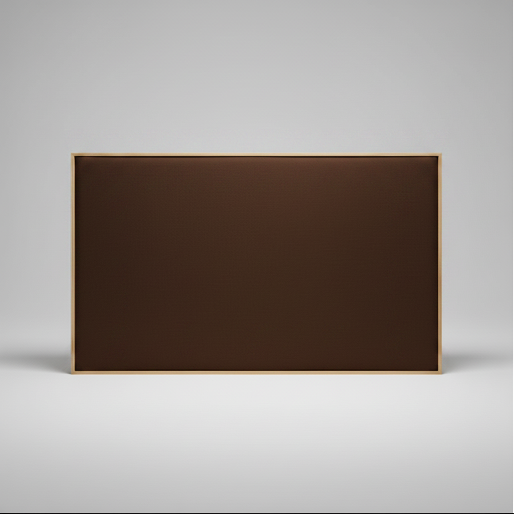 Brown Upholstered headboard with oak wooden frame on a grey background