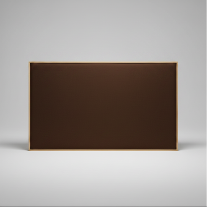 Brown Upholstered headboard with oak wooden frame on a grey background