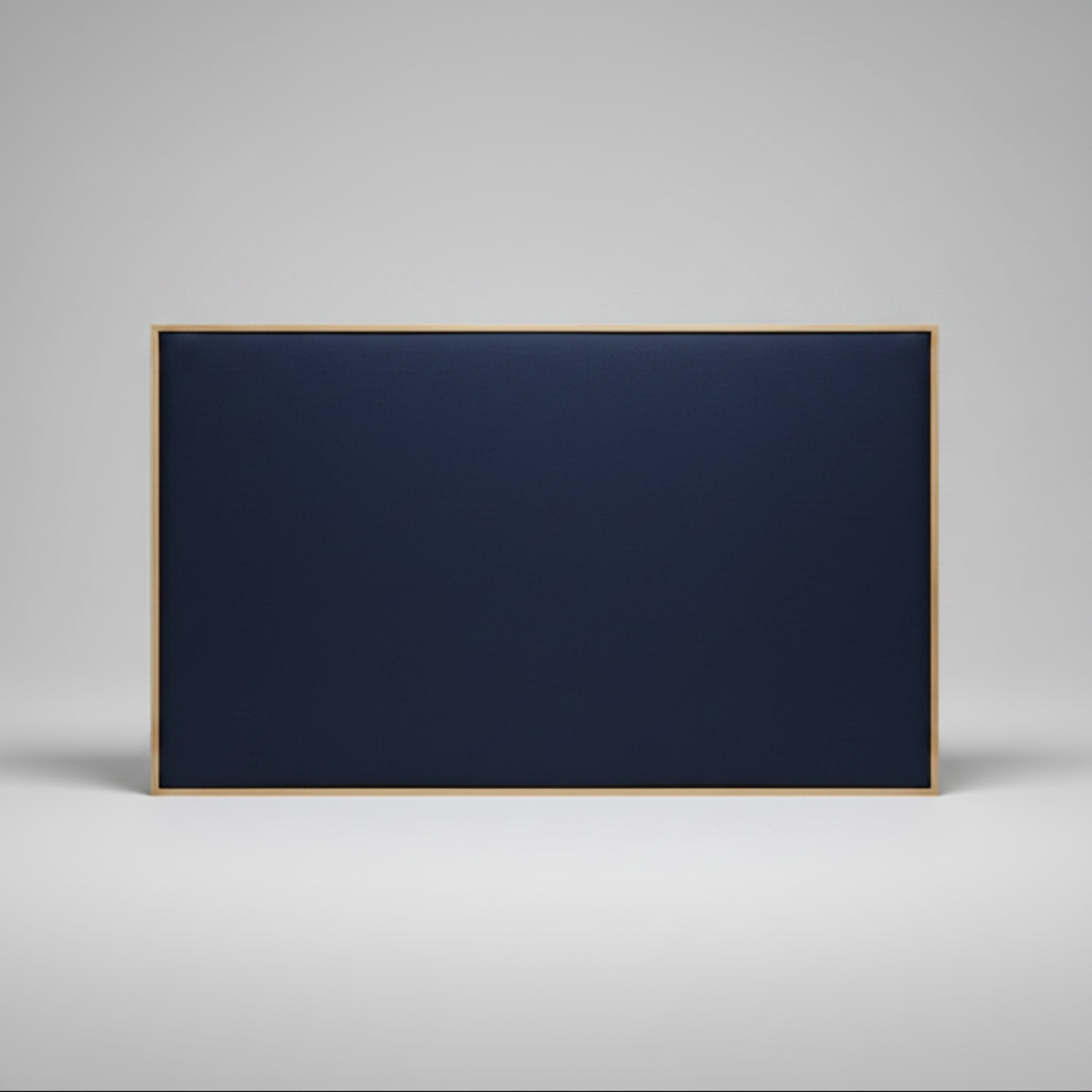 Navy Upholstered headboard with oak wooden frame on a grey background