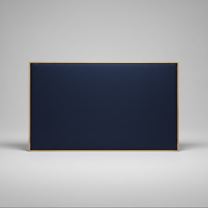 Navy Upholstered headboard with oak wooden frame on a grey background