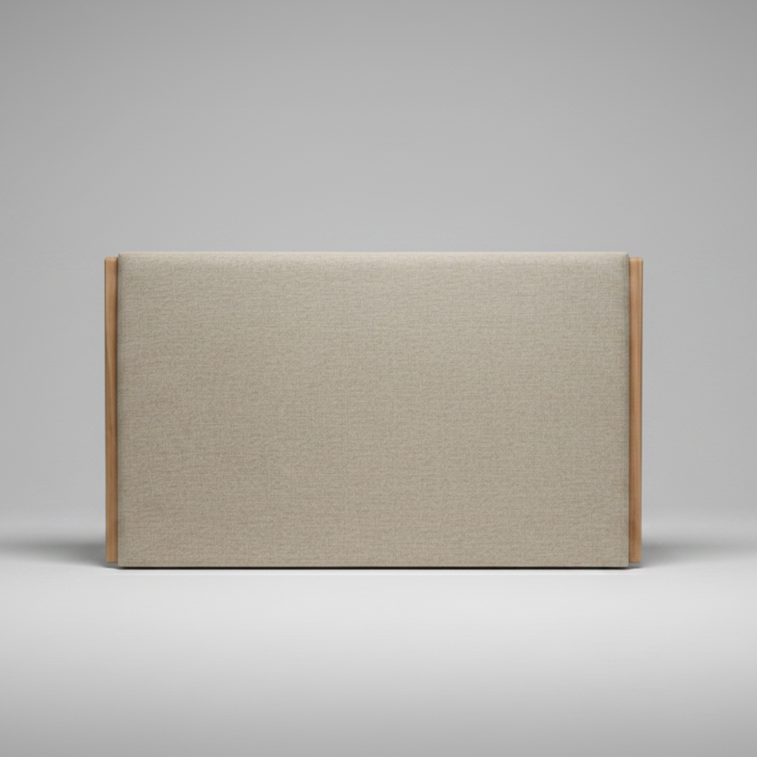 Beige headboard with wooden frame on a grey background