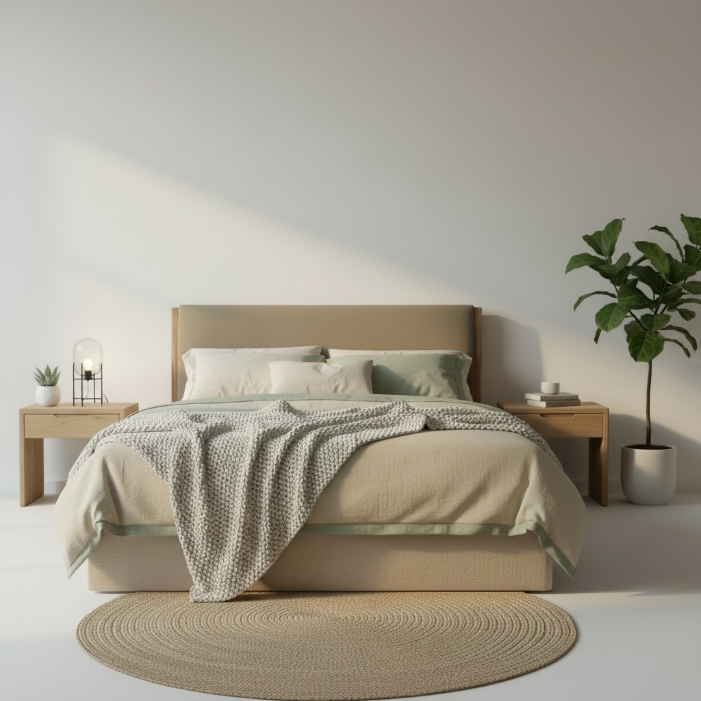 Neatly made bed with beige headboard and bedding in a minimalistic bedroom setting.