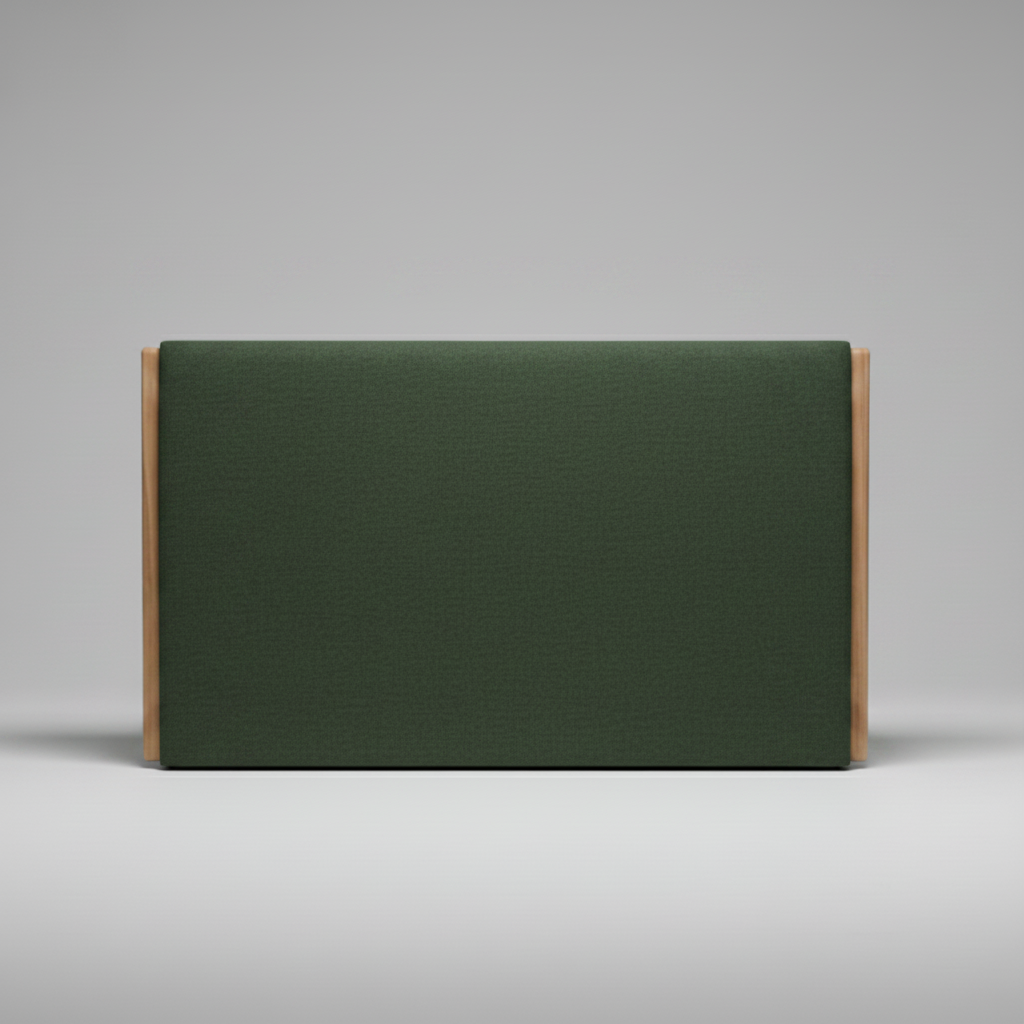 Green upholstered headboard with wooden sides on a gray background