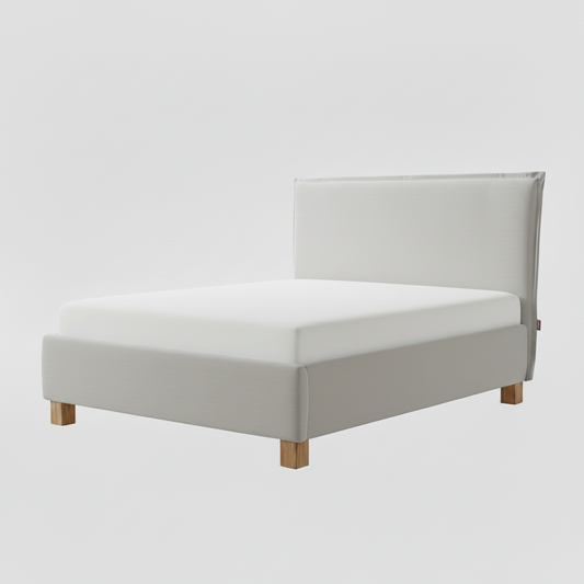 Gray upholstered bed frame on a white background