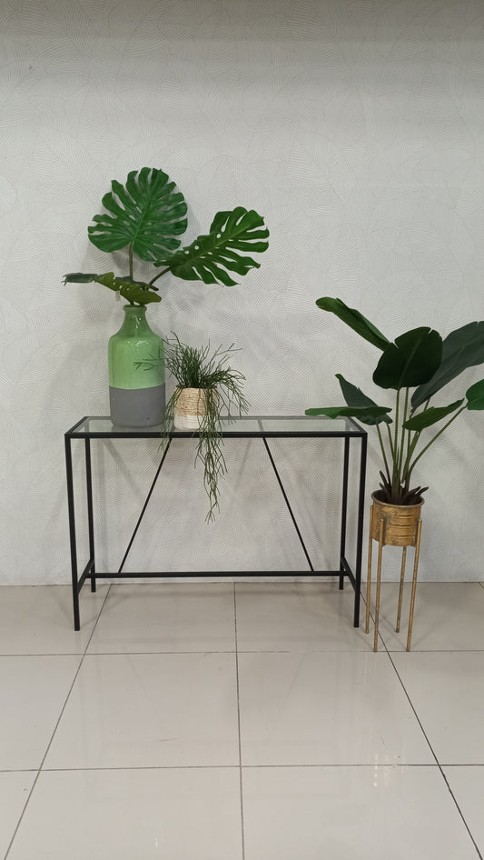 Modern glass top server, ideal for entryways or dining spaces.