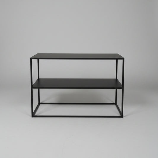 Metal console table in black steel with two shelves.
