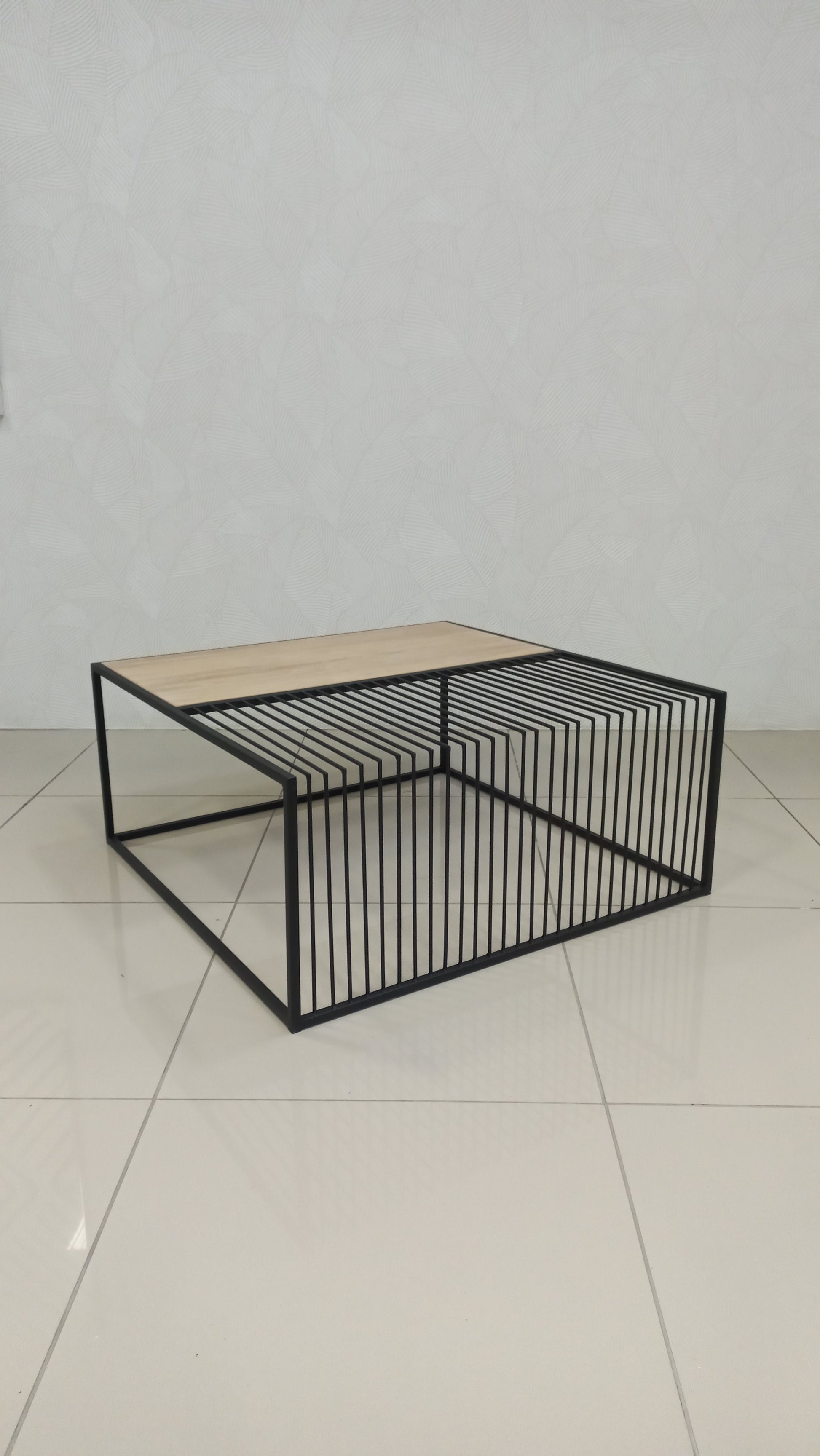 Pixel Coffee Table with oak veneer and black steel inlay.