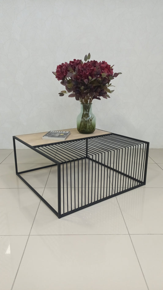 Pixel Coffee Table with oak veneer and black steel inlay.