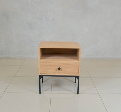 Lupin Nightstand with oak veneer finish and black epoxy-coated steel frame