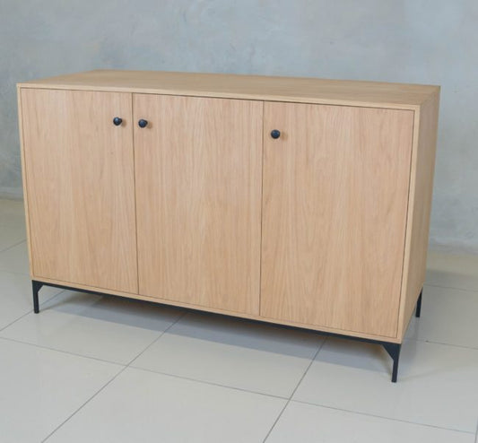 Lupin 3-door server with oak veneer and black steel frame.