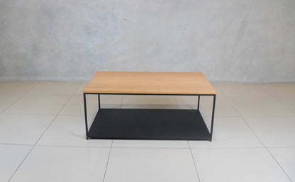 Two-tier coffee table, made from steel and wood veneer.