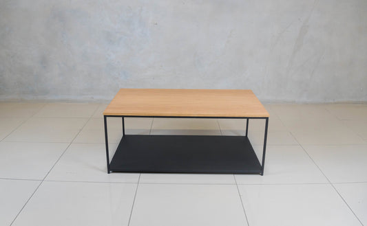 Two-tier coffee table, made from steel and wood veneer.