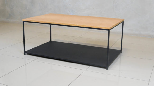 Black epoxy-coated steel frame coffee table, with dual levels.