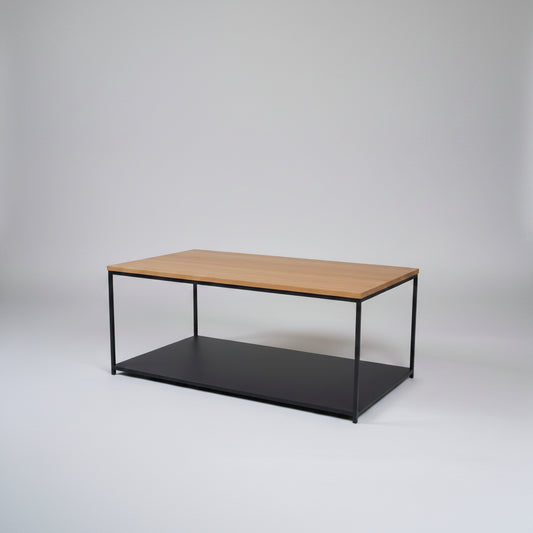 Black epoxy-coated steel frame coffee table, with dual levels.