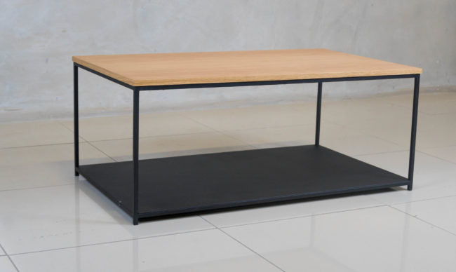 Two-tier coffee table, made from steel and wood veneer.