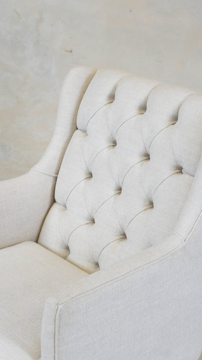 Princess Armchair with deep button detailing and custom fabric.