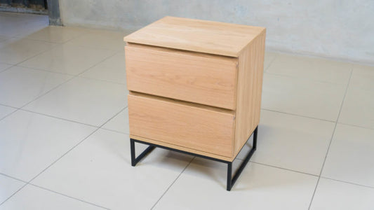 Elegant oak veneer nightstand with a modern black epoxy-coated steel frame.
