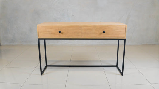 Lupin Server with oak veneer finish and black steel legs.