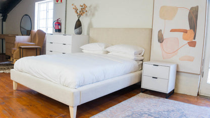Customizable Trendy Upholstered Bed Set, available in various fabrics and colours.