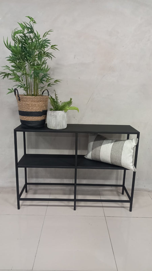 Rooms Server in black epoxy-coated steel with two open shelves.